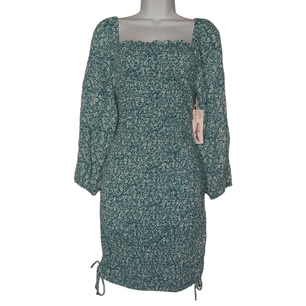 JESSICA SIMPSON Floral Teal Green White Smocked Stretchy Ruching Mini Dress NWT